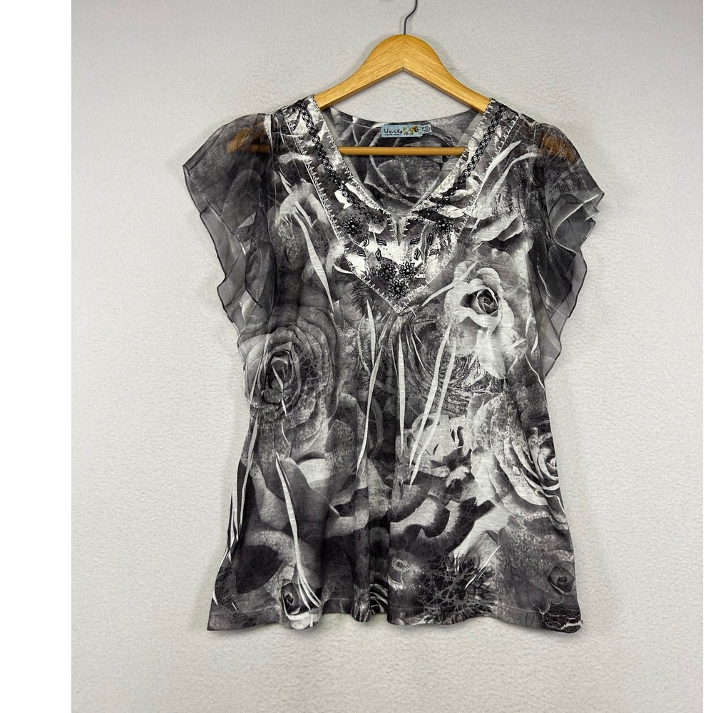 Whimsigoth Unity World Wear Women PXL Gray Floral Sequin Flutter Sleeve Blouse